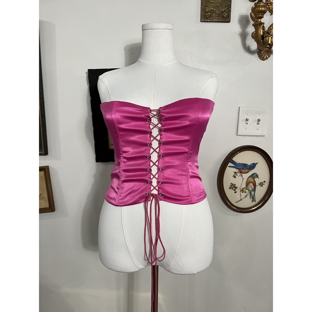 No More Parties in NY Hot Pink Satin Lace-Up Corset Top Size Large BT1301
